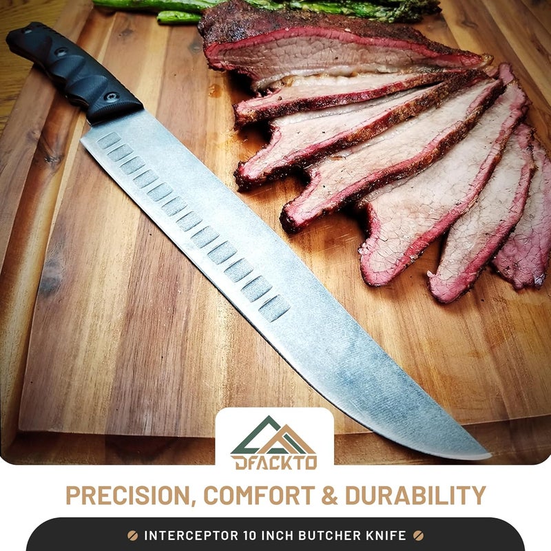 DFACKTO Interceptor 10 Inch Butcher Knife for Camping and Outdoor Kitchen - High Carbon Stainless Steel, Full Tang Tactical G10 Handle, Meat Cutter, BBQ, Chopping, Bone Cutting, Heavy Duty - Black - Image 5